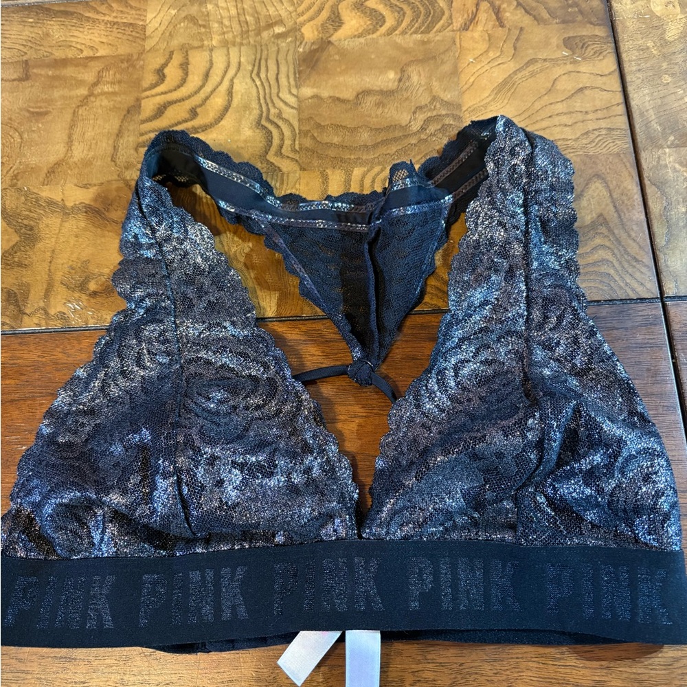 PINK Victoria's Secret Black and Silver Lace Bralette - Picture 1 of 3